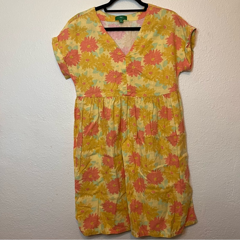 Dip Floral Linen Blend Yellow and Pink V-neck Sun Dress Size XS